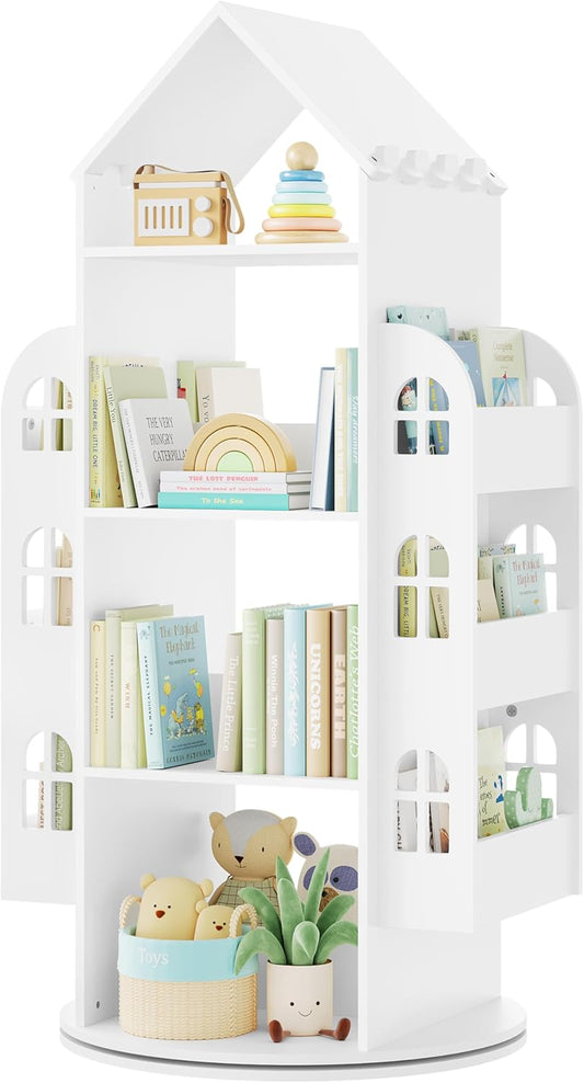 Woltu Draaibare Kinderboekenkast Wit 63x59x125 cm – Montessori Opbergkast met 4 Niveaus en Zijvakken