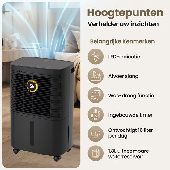 Komodo Luchtontvochtiger - 16L Per Dag - Slaapkamer, Badkamer, Huis & Kelder - Dehumidifier - Was-droog Functie - Voorkomt Schimmel - Komodo