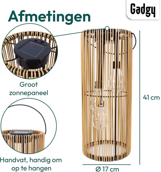 Gadgy Solar Tuinverlichting op Zonne-energie – Rotan Lantaarn voor Buiten – Hanglamp of Tafellamp – Spatwaterdicht – Sfeerverlichting voor Tuin, Balkon of Terras - Bruin – Ø17 x 41 cm – Dag/Nacht Sensor