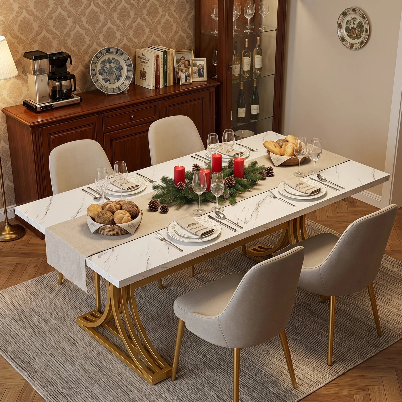 Lantine Vergadertafel 160 x 80 cm - Voor 4-6 Personen - Wit Kunstmarmer en Goud - Moderne Metalen Poten