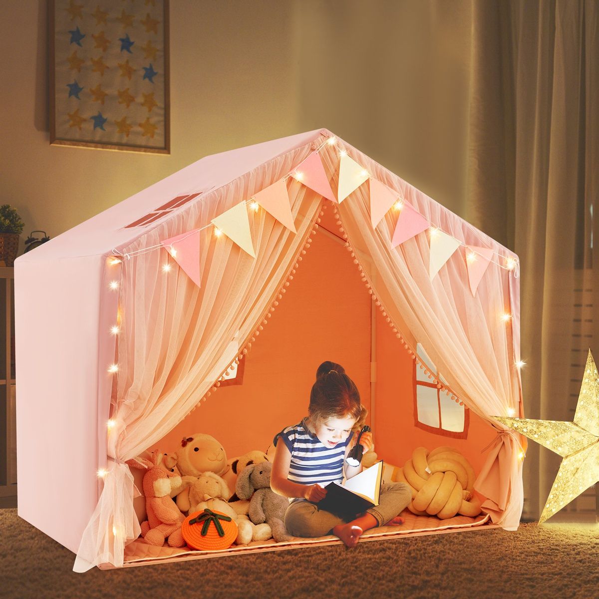 Coast Kinderspeeltent - met gordijnen en sterrenverlichting - grote speelhuis tent - roze