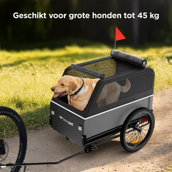 TrevoPet® Hondenfietskar XL - Opvouwbare Fietskar Hond - Hondenkar met Loopplank, Veersysteem & Weerbestendig - Geschikt voor E-Bikes - 45 kg - Grijs