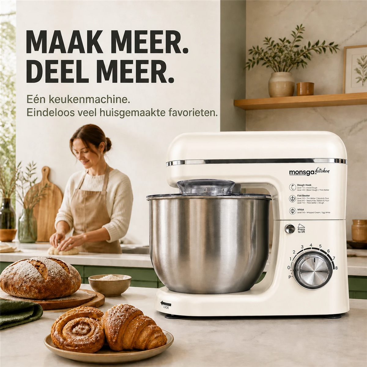 MONSGA SM100 keukenmachine - 1000 W - 5 L mengkom - crèmewit