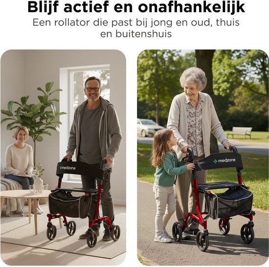Medzone Rollator Lichtgewicht en Opvouwbaar - Zitfunctie - Binnen en Buiten - Rugleuning en Wandelstok Houder - Champagne - Rood