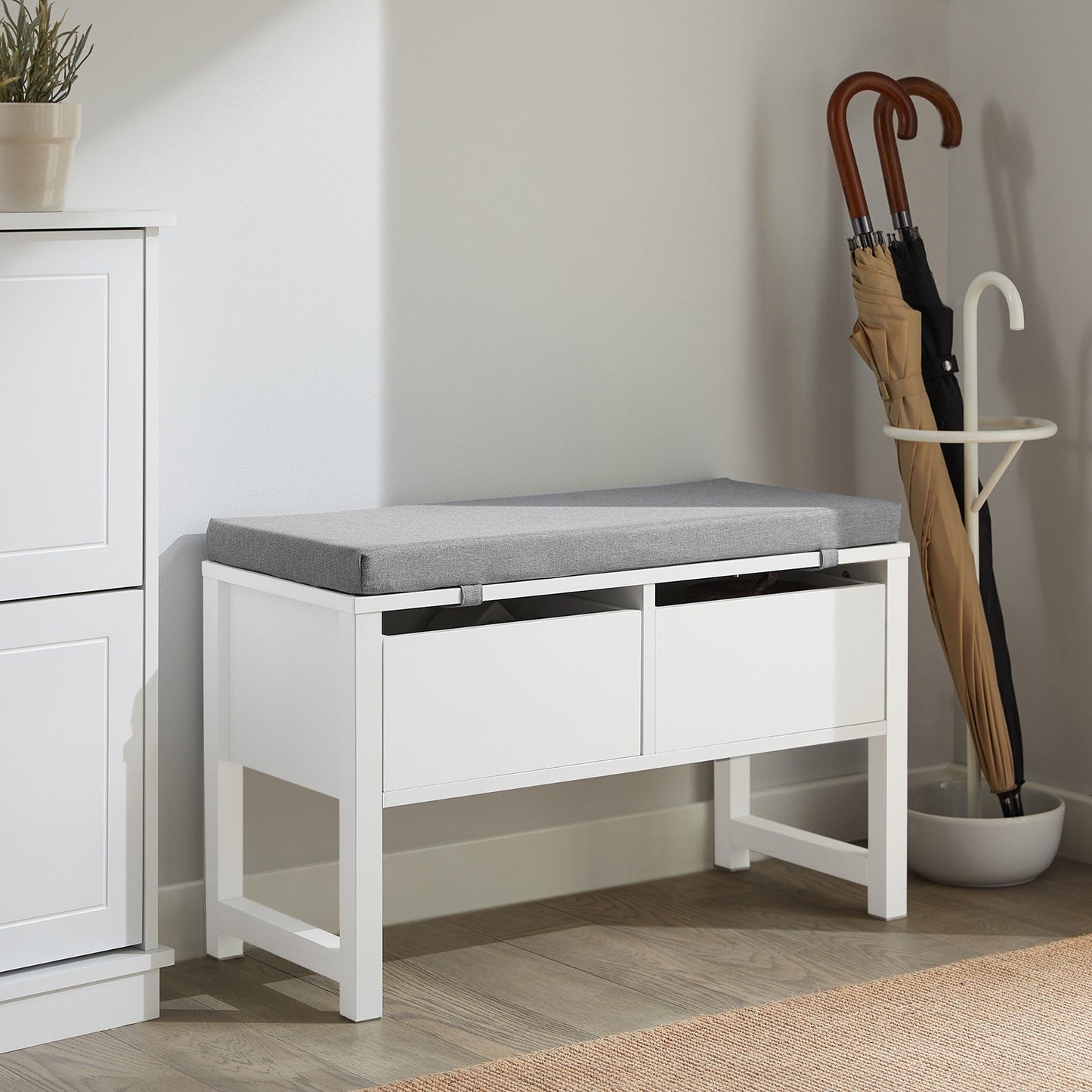 SoBuy Opbergbank met gestoffeerd zitvlak - 2 Lades - Max. 150 kg - 72 x 30 x 46 cm - Wit/ Grijs