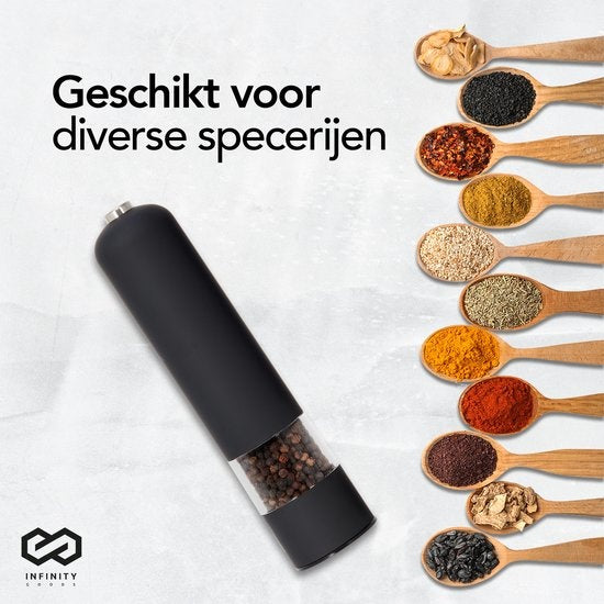 Infinity Goods Elektrische Peper- En Zoutmolen Set - Pepermolen - Zoutmolen - Verstelbare Maalgraad - Kruidenmolen - Zwart