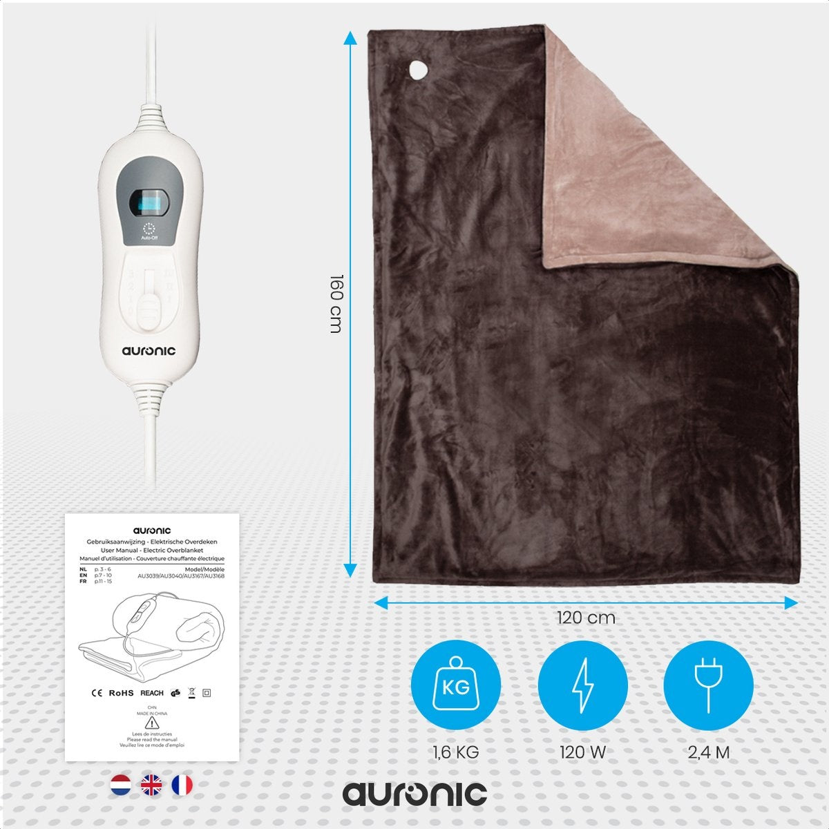 Auronic Elektrische Warmtedeken - 1 Persoons - 3 Warmtestanden - met Timer - 160 x 120cm - Bruin