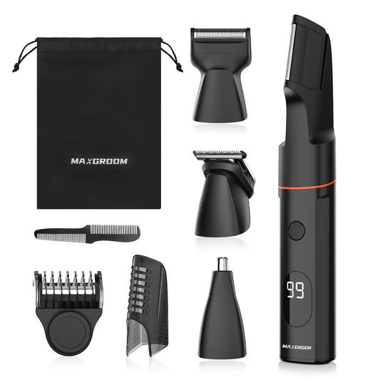 MAXGROOM 7-in-1 Body Groomer - Draadloos - 1-9 mm - IPX6 Waterdicht - 90 min - LED-display - Magnetische Opzetstukken