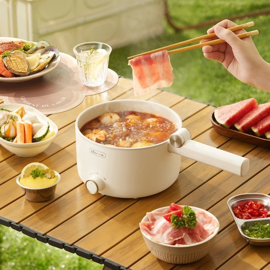 Bear Mini Elektrische Kookpan 1,6L – 2 Warmtestanden – Inklapbare Handgreep & Antiaanbaklaag – Compacte Multicooker met Droogkookbeveiliging