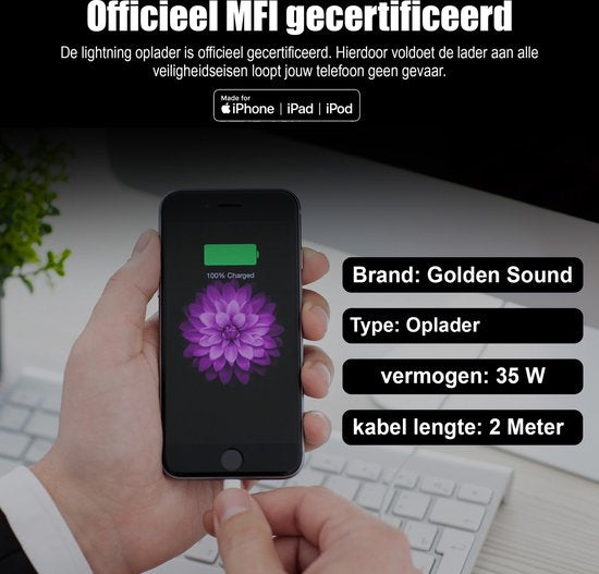 Golden Sound 35W Originele Super Snellader - Lightning Lader geschikt voor Iphone - Oplader - 2 Meter met Oplaadstekker
