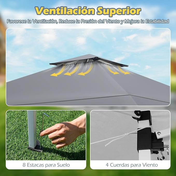 Coast Opvouwbare Partytent 3,95 × 3,95 m – Pop-Up Paviljoen met Ventilatiedak, 3 Hoogtestanden, UV-Bescherming & Draagtas – Grijs