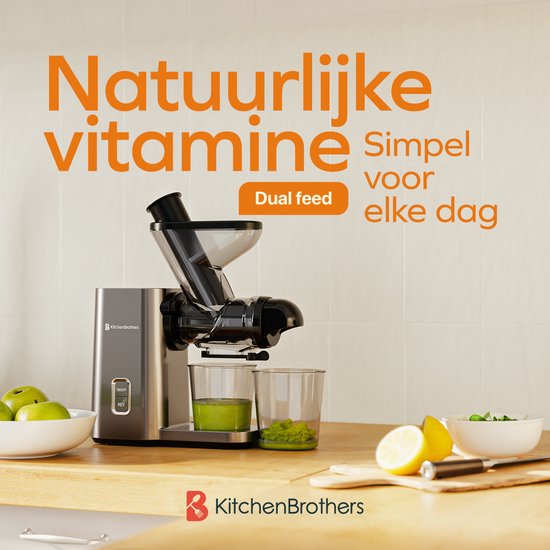 KitchenBrothers Slowjuicer - Mini Juicer - Groenten en Fruitpers - 40 mm en 50 mm invoer - 400 ml - Grijs