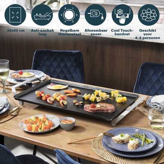 Princess Bakplaat 103120 - Table Chef Premium - Grillplaat - Gourmet - Groot 60x36 cm - 2500W - Regelbare thermostaat - 1.5 meter snoer - Teppanyaki - Dubbel verwarmingselement - Extra snel warm