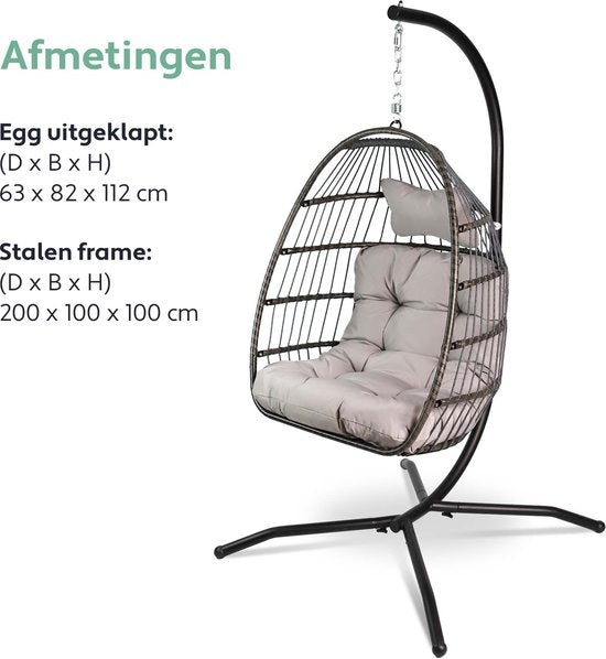 Vita5 Egg Hangstoel – Met Standaard – Binnen en Buiten – Cocoon Stoel - Opvouwbaar - Tot 150kg – Incl. Kussen – Lichtgrijs