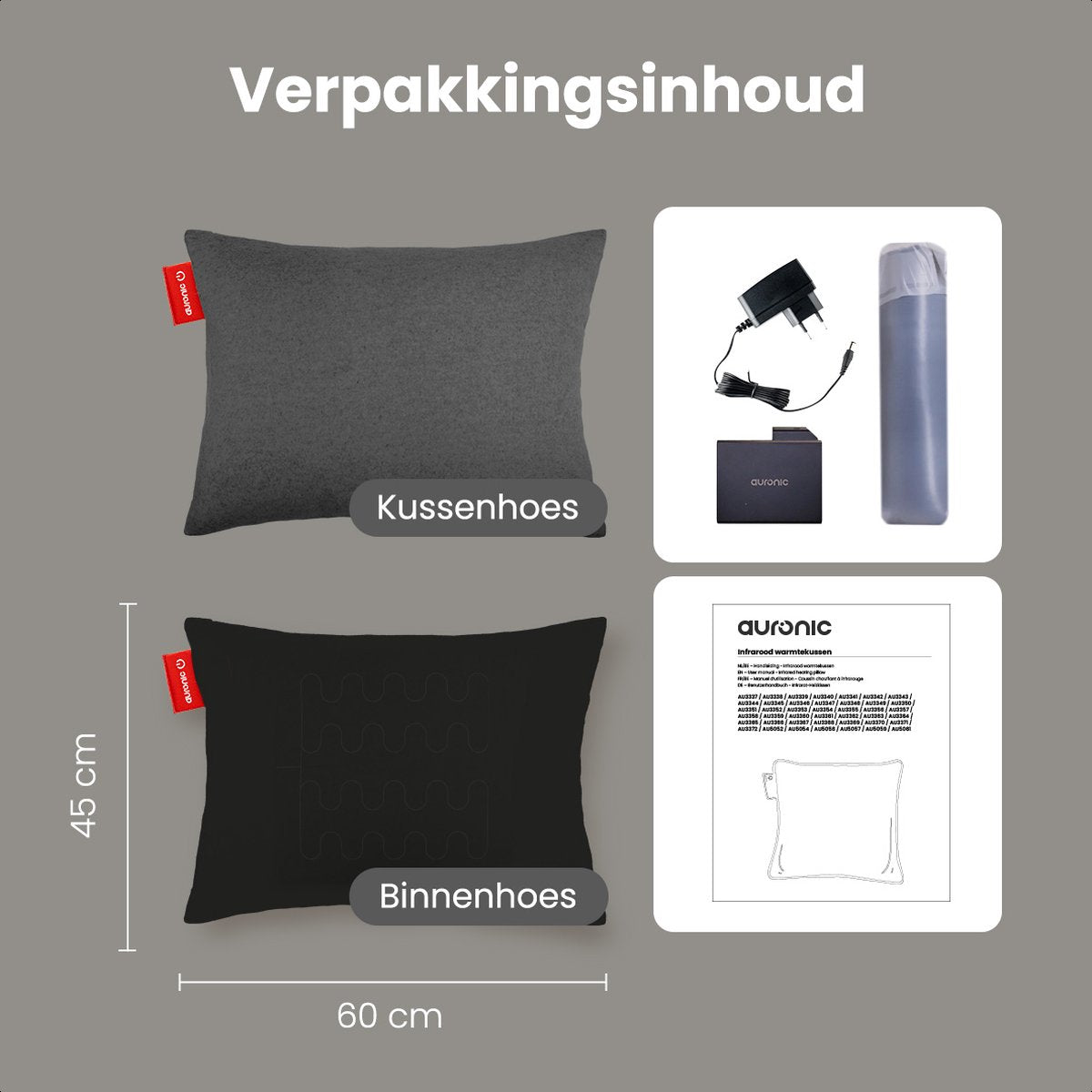 Auronic Warmtekussen - Classic - 45x60 - Draadloos - Oplaadbaar - Elektrisch kussen - Infrarood - Antraciet