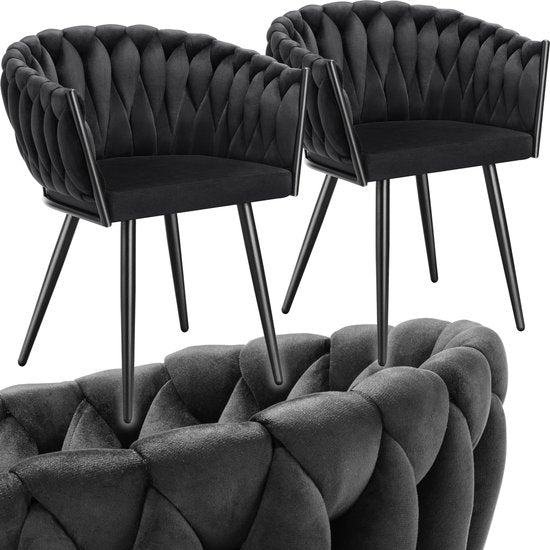 tectake® - Set van 2 Fluwelen eetkamerstoelen - Kuipstoel met armleuning in knooplook - Eetkamerstoel - Moderne eetkamerstoel voor woonkamer en eetkamer - Keukenstoel - Kaptafelstoel - Slaapkamerstoel - Diverse kleuren - Zwart