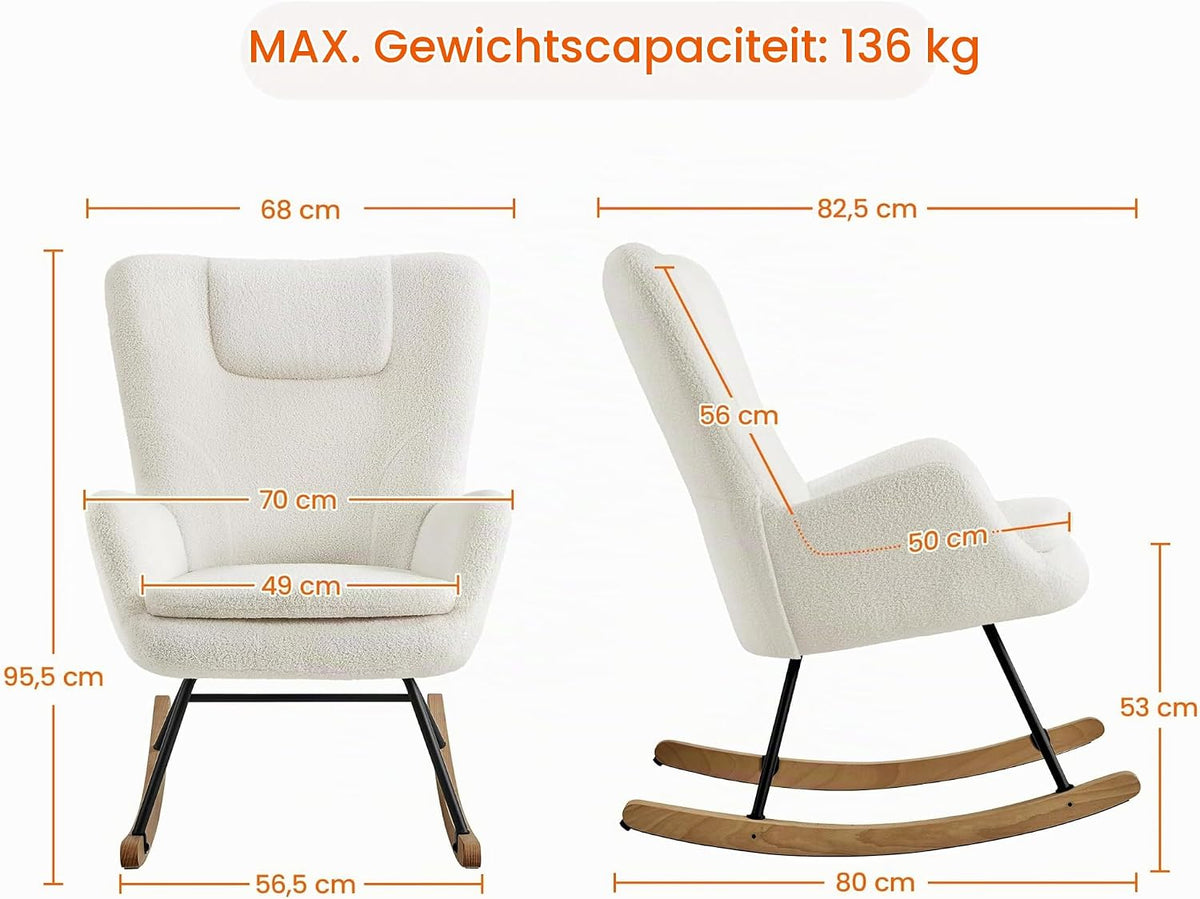 Yaheetech Schommelstoel Boucle Wit met Opklapbare Rugleuning - 82,5 x 70 x 95,5 cm