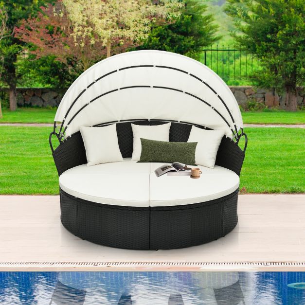 Costway Rond Ligbed – Incl. Kussens & Intrekbare Luifel – 187 x 180 x 157 cm – Zwart/Gebroken Wit