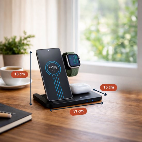 Grundig 3-in-1 Draadloze Oplader – Snellader Oplaadstation voor Smartphone, Smartwatch, Oortjes - Draadloze Oplader iPhone en Samsung - Wireless Charger – Opvouwbaar Design