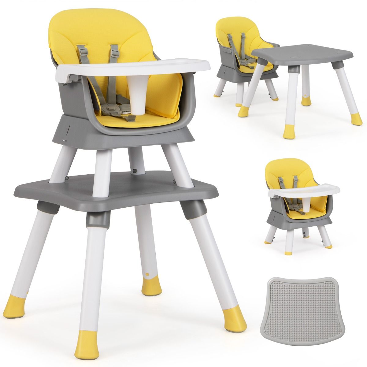 Coast Kinderstoel 6-in-1 - stoelverhoger en bouwsteentafel - met 5-puntsgordel en kussen - lichtgrijs