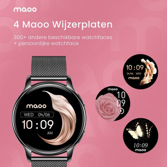 Maoo Ventura AMOLED Smartwatch Dames – RVS & 4x Siliconen Bandjes – Stappenteller, Hartslagmeter, Slaapmonitor, Multisport, Notificaties, Bellen, GPS, Android & iOS – Zwart