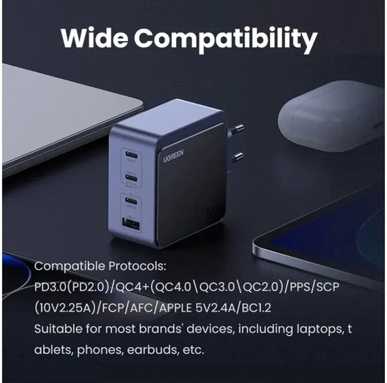 Ugreen Nexode S 100W 4-Port GaN Fast Charger EU gray Mobiele computer, Mobiele telefoon, Laptop, Powerbank, Tablet Grijs AC Binnen