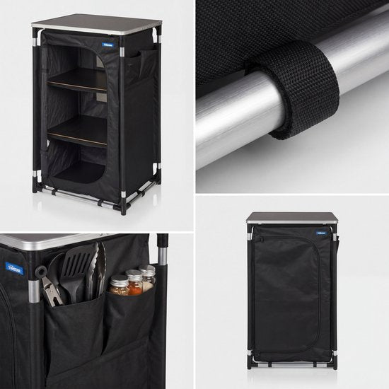 Tristar Campingkast Inklapbaar – Aluminium Frame – 3 Lagen – Verstelbare Poten – Zijvakken – Inclusief Draagtas – Zwart - CU-0809