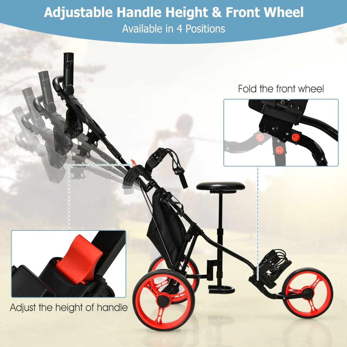 Coast Golftrolley - 3 Wielen -130 x 75 x 98,5 - Zwart met Rode Wielen