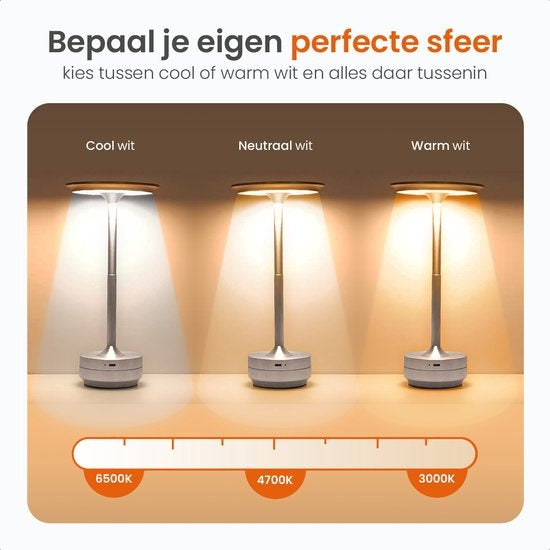 Goliving Tafellamp Oplaadbaar – Draadloos en dimbaar – Moderne touch lamp – Nachtlamp Slaapkamer – Spatwaterbestendig – 27 cm – Zilver