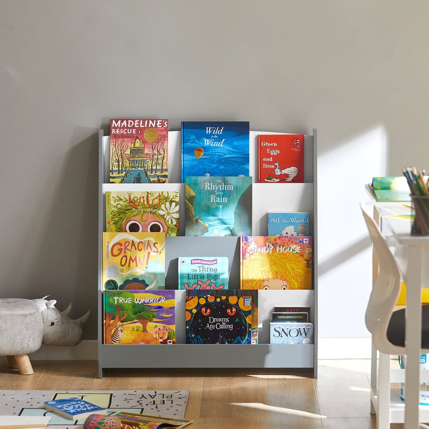 SoBuy Kinderboekenplank - 4 Opbergvakken - Grijs - 80x30x88 cm