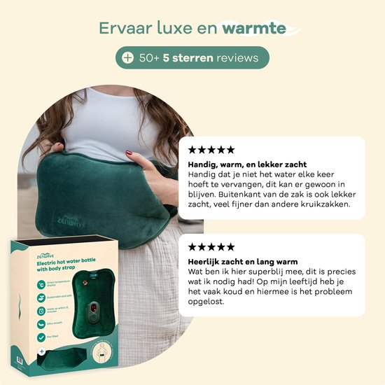 Zenwave Elektrische Kruik met Hoes - Digitaal Display - Warmtekruik & Waterkruik met Handwarmers - Oplaadbare Warmtekussen - Menstruatie Warmteband - Duurzaam & Draadloos - Kamperen & Outdoor - Warmwaterkruik Groen