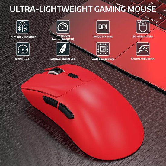 ATTACK SHARK R1 Superlight Gamingmuis 59g – Rood – 12,2 × 6,4 × 3,8 cm – Draadloos & Bedraad – Tot 18.000 DPI – 65 Uur Batterijduur