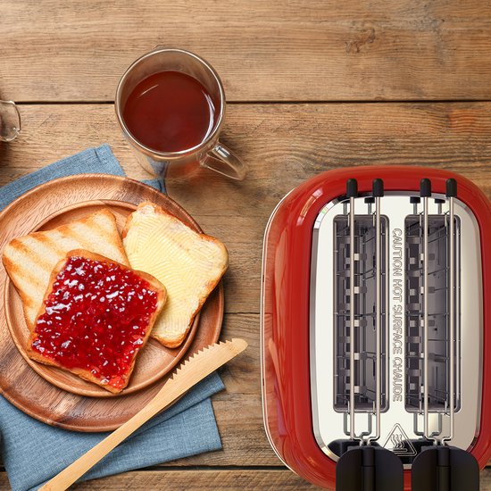 KitchenBrothers Broodrooster met Tostiklemmen - Toaster - 6 Warmteniveaus - Brede Sleuven - Broodrooster - 870W - Rood