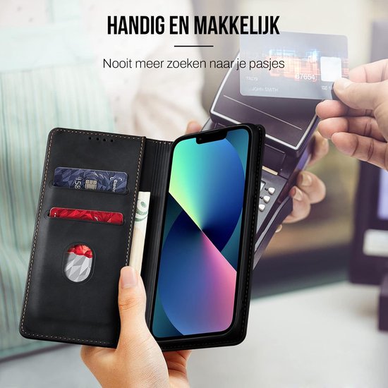 Podec Hoesje met Pasjeshouder Geschikt voor iPhone 13 Mini Zwart Telefoonhoesje - Anti-Shock Bookcase Cover met 1x Screenprotector - Wallet Case