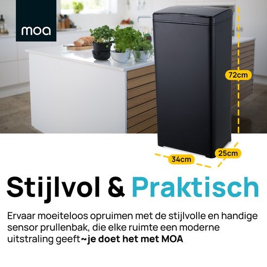 MOA Prullenbak met Sensor - 50 liter - Afvalbak - Vuilnisbak RVS & duurzaam ABS - Non-slip - Geruisloze deksel - Vertraagd sluiten modus - Zwart - SB02B