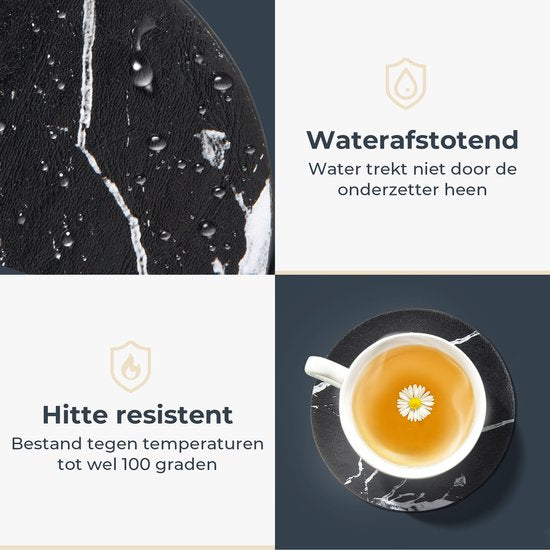 Castagnola Kunstlederen Onderzetters – Onderzetters voor Glazen – Design Onderzetters met Houder – Leren Onderzettersset – Leder – Set van 6 – Marmer look - Zwart/Wit