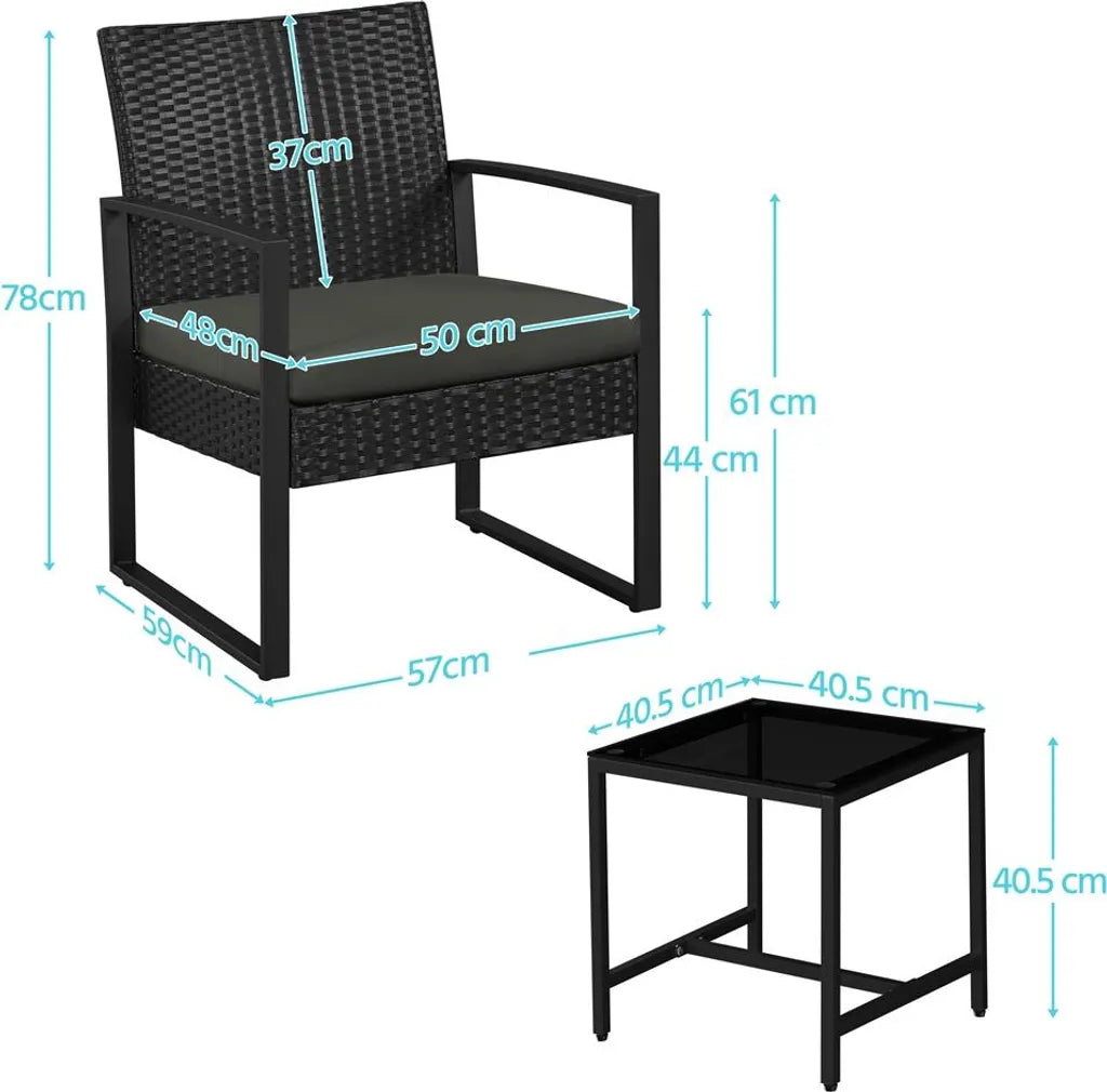 Yaheetech Tuinmeubelset 3-delig - Zwart/Grijs - Polyrattan Balkonset met Bijzettafel