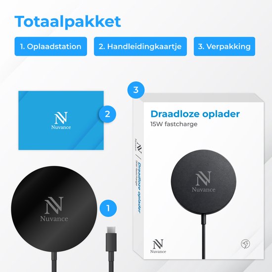 Nuvance Draadloze Oplader 15W - Draadloos Oplader - Geschikt voor MagSafe - USB C - Snellader - Wireless Charger - Zwart