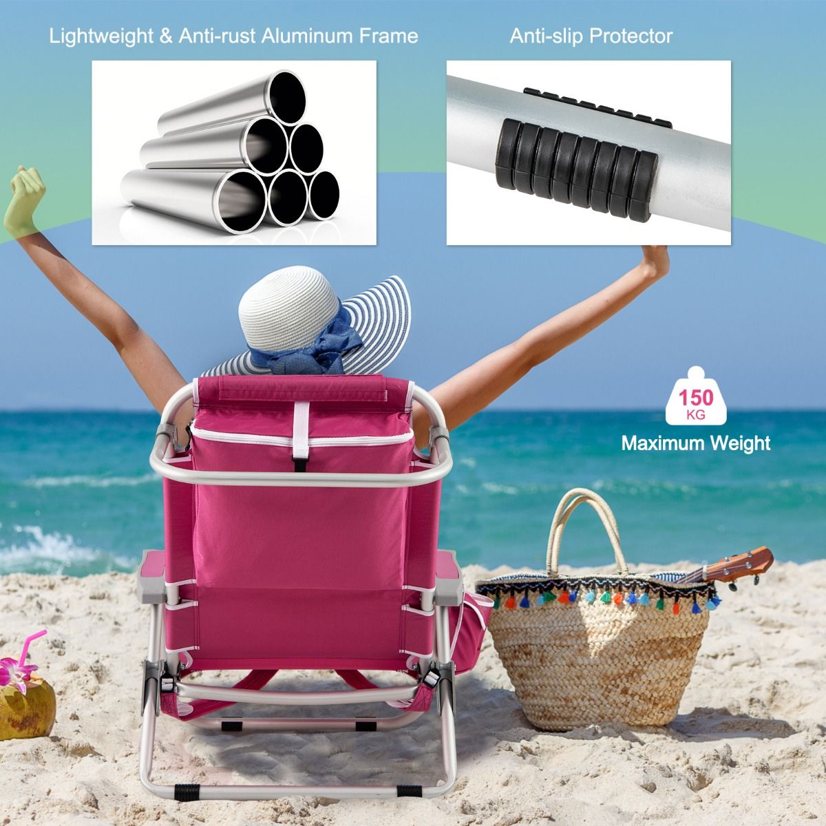 Coast Strandstoel Verstelbare Rugleuning 5-Standen Opvouwbare Ligstoel met Bekerhouder en Opbergvakken Roze 66x65x78 cm – 2 Stuks