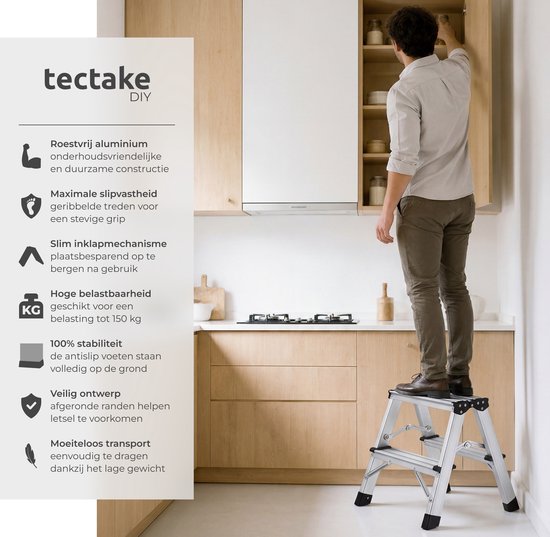 tectake® Dubbelzijdige Aluminium Keukentrap - 2 Treden - 38,5 cm - Stevige Trap Ladder - Opklapbaar Opstapje - Antislip Huishoudtrap