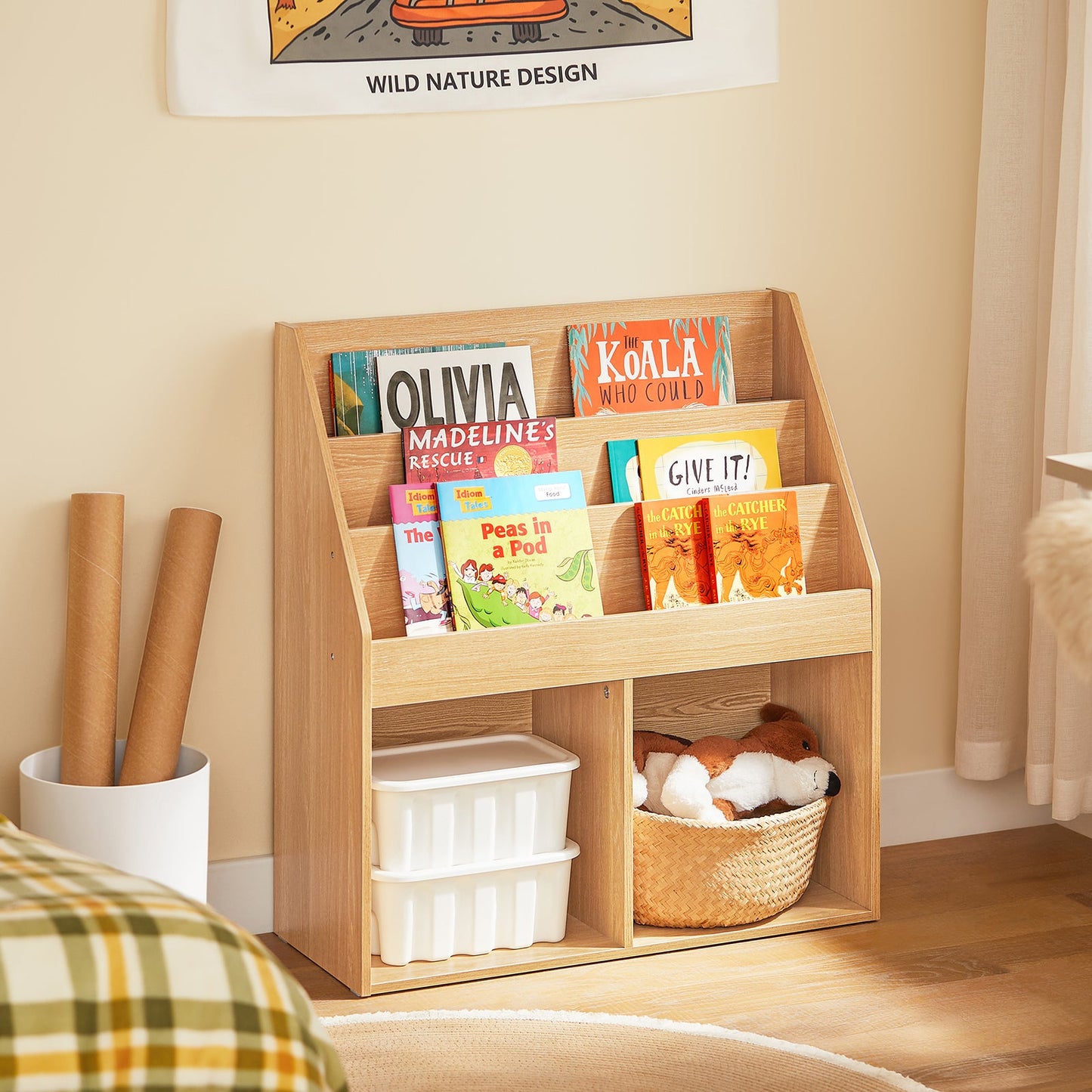 SoBuy KMB01-N Kinderboekenkast hout - 73x30x80 cm – 3 Planken en 2 Open Vakken
