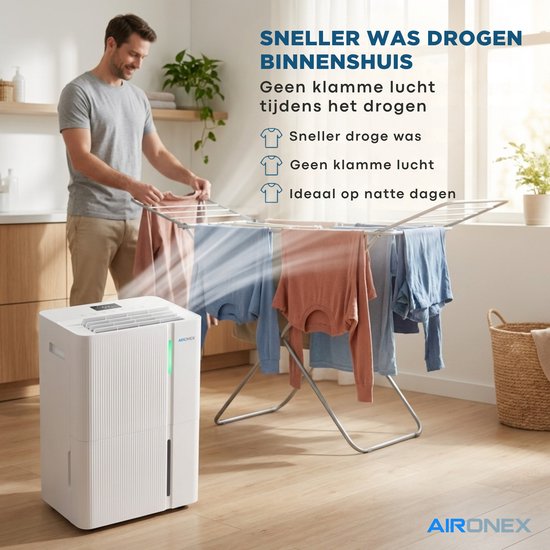 Luchtontvochtiger Aironex 30L - Ontvochtigt 30 liter per dag - Geschikt voor kelder, woonkamer, slaapkamer en badkamer - Vochtvreter - Luchtontvochtiger en Luchtreiniger - Luchtontvochtiger slaapkamer - Wit - Dehumidifier