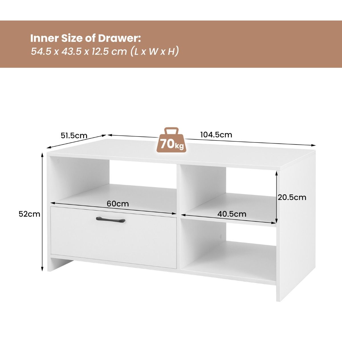 Coast TV-Kast Lowboard 104,5 x 51,5 x 52 cm Wit met Lade en Open Vakken voor Televisies tot 50 Inch