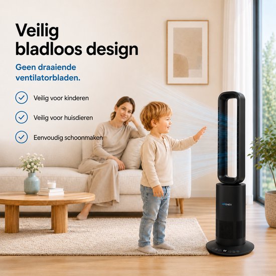 Aironex Bladloze Ventilator Zwart - Energiezuinige Luchtkoeler - Aircooler met Draaifunctie - Verwarming en Verkoeling in 1 -Ventilatoren - TafelVentilator -Vloerventilator
