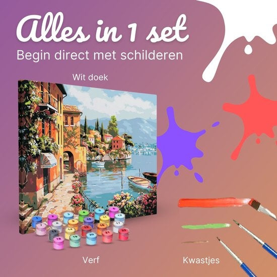 Rubye® Schilderen Op Nummer Volwassenen – Italiaanse Kust – Inclusief Verf en Penselen – Canvas Schildersdoek – Kleuren op Nummer – 40x50cm