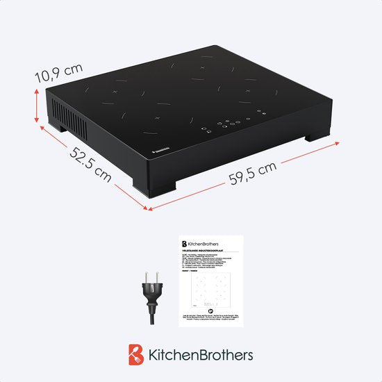 KitchenBrothers Inductie Kookplaat - Vrijstaande Inductieplaat - 60 cm - 4 Zones - 1 Fase - Tot 2400W - Zwart