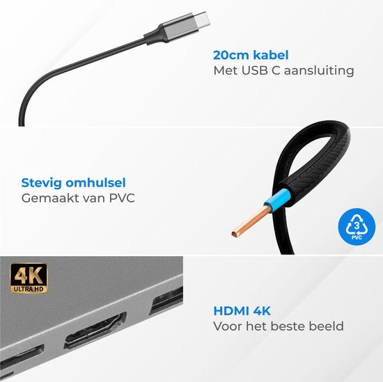 Nuvance - USB C Hub 3.0 – 8 Poorten - USB Splitter met Ethernet - USB C naar HDMI - USB Hub 3.0 - Docking Station Laptop - Micro SD Card Reader - HDMI 4K - Grijs