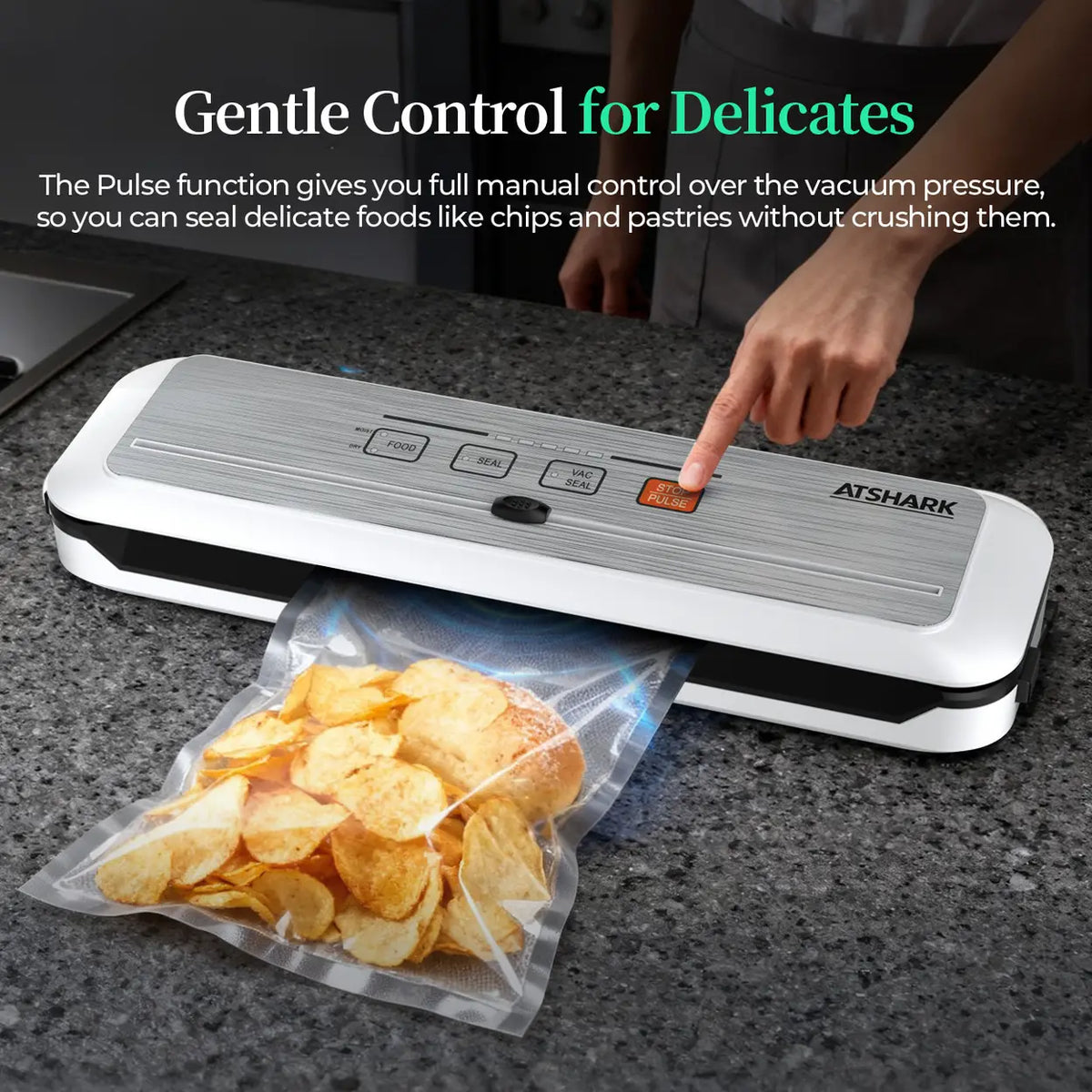 ATSHARK 5-In-1 Vacuum Sealer – High Pressure Touchscreen Design, Fast and Convenient, Includes 50 Vacuum Bags, Ideal for Home Food Preservation, White, VS6621