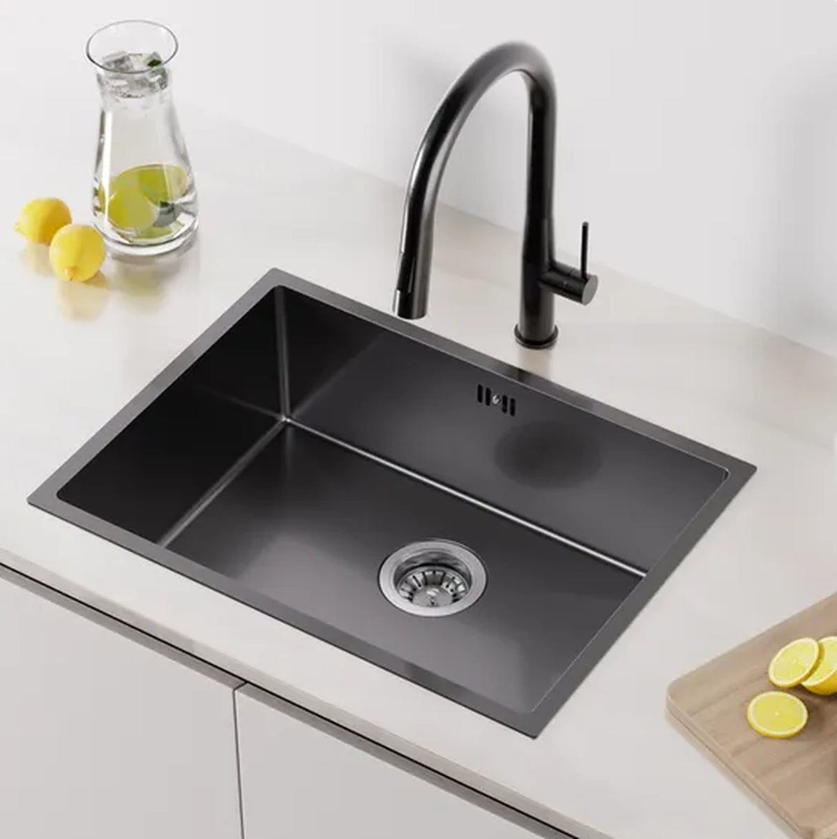 Auralum MAX Spoelbak RVS 60 x 44 cm - Inbouw, Opbouw en Onderbouw - Geluiddempend met Sifon - Donkergrijs