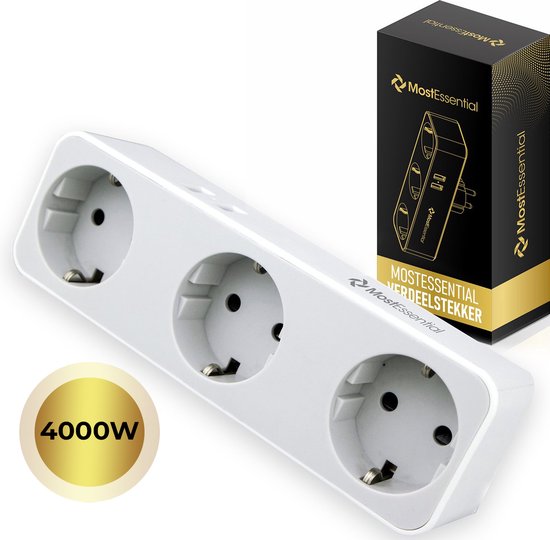 MostEssential Premium 5-in-1 Verdeelstekker - Stopcontact Splitter - 3 Stopcontacten & 2 USB-Poorten - Horizontaal - Wit